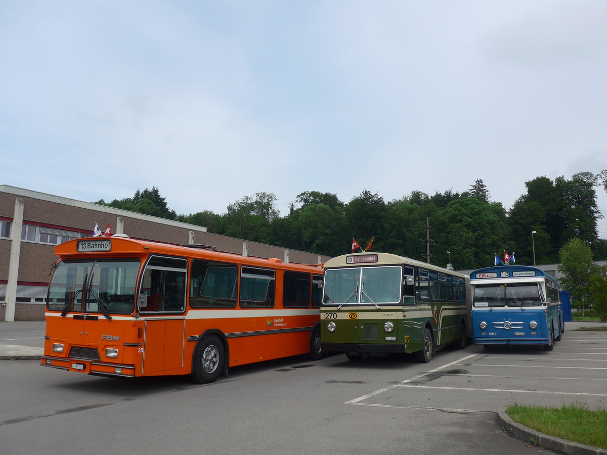 (206'601) - ZVB Zug (RWB) - Nr. 35/ZH 797'215 - FBW/Hess + SVB Bern (Bernmobil historique) - Nr. 270/BE 113'270 - FBW/SWS-Gangloff + VBZ Zrich (TMZ) - Nr. 540/ZH 315'491 - Saurer/Saurer (ex Nr. 7540; ex Nr. 540) am 22. Juni 2019 in Emmenbrcke, Debrunner Acifer