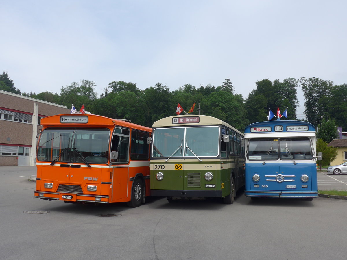 (206'610) - ZVB Zug (RWB) - Nr. 35/ZH 797'215 - FBW/Hess + SVB Bern (Bernmobil historique) - Nr. 270/BE 113'270 - FBW/SWS-Gangloff + VBZ Zrich (TMZ) - Nr. 540/ZH 315'491 - Saurer/Saurer (ex Nr. 7540; ex Nr. 540) am 22. Juni 2019 in Emmenbrcke, Debrunner Acifer