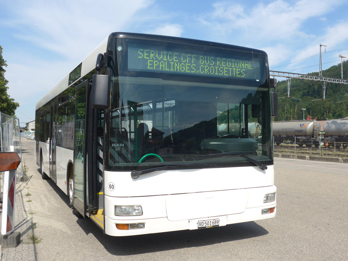 (208'135) - Interbus, Yverdon - Nr. 60/VD 501'689 - MAN (ex transN, La Chaux-de-Fonds Nr. 205; ex TN Neuchtel Nr. 205) am 22. Juli 2019 beim Bahnhof Moudon