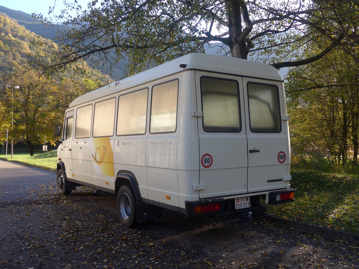 (210'514) - Barenco, Faido - TI 319'313 - Mercedes (ex Autopostale, Muggio; ex Autopostale, Mendrisio; ex Malacrida, Mendrisio Nr. 36) am 26. Oktober 2019 in Faido, Garage (mit Jahrgang 1991 vermutlich ltestes Postauto, das noch in Betrieb ist)