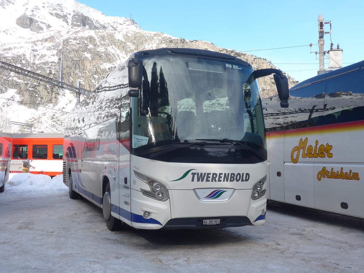 (214'146) - Twerenbold, Baden - Nr. 36/AG 385'901 - VDL am 9. Februar 2020 beim Bahnhof Andermatt