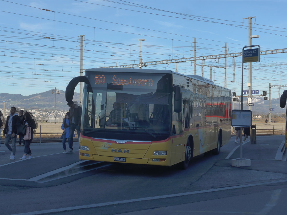 (214'208) - Lienert&Ehrler, Einsiedeln - SZ 110'234 - MAN (ex Schuler, Feusisberg) am 15. Februar 2020 beim Bahnhof Pfffikon