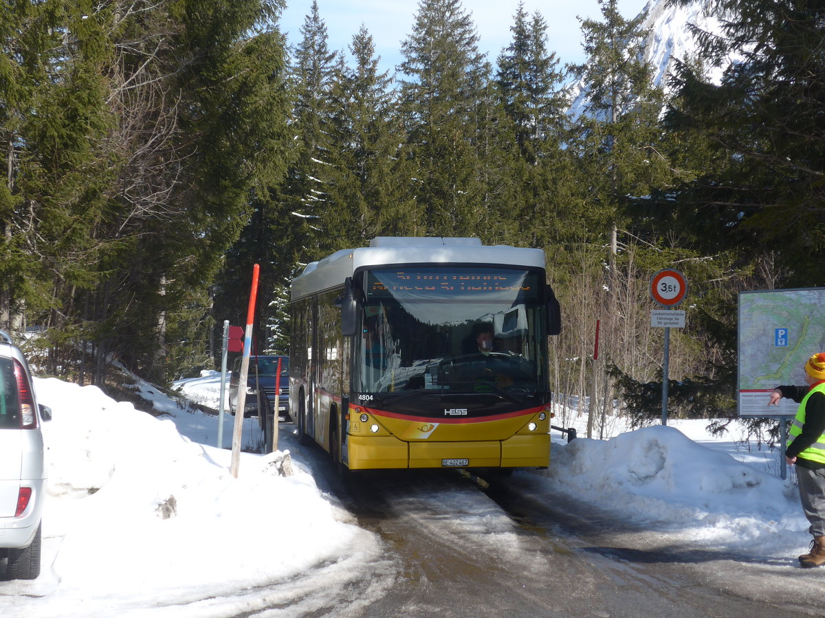 (215'082) - PostAuto Bern - BE 402'467 - Scania/Hess (ex AVG Meiringen Nr. 67; ex AVG Meiringen Nr. 76; ex Steiner, Messen) am 8. Mrz 2020 auf der Schwarzwaldalp