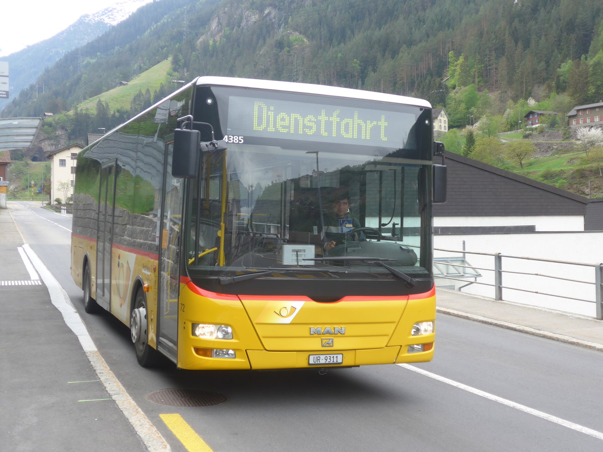 (216'555) - AAGU Altdorf - Nr. 72/UR 9311 - MAN/Gppel (ex PostAuto Bern; ex PostAuto Bern Nr. 217; ex RBS Worblaufen Nr. 217) am 28. April 2020 in Gurtnellen Wiler, Gotthardstrasse