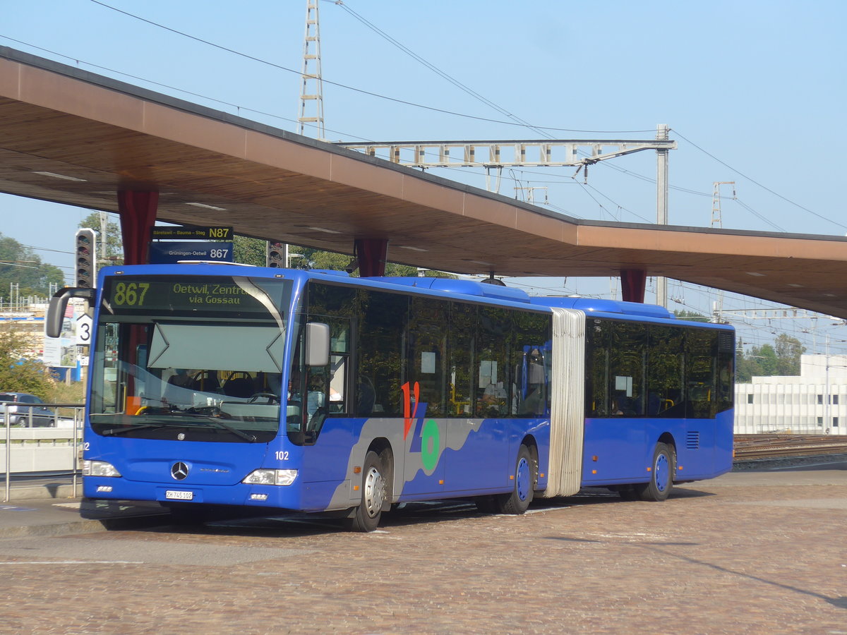 (220'583) - VZO Grningen - Nr. 102/ZH 745'102 - Mercedes am 12. September 2020 beim Bahnhof Wetzikon