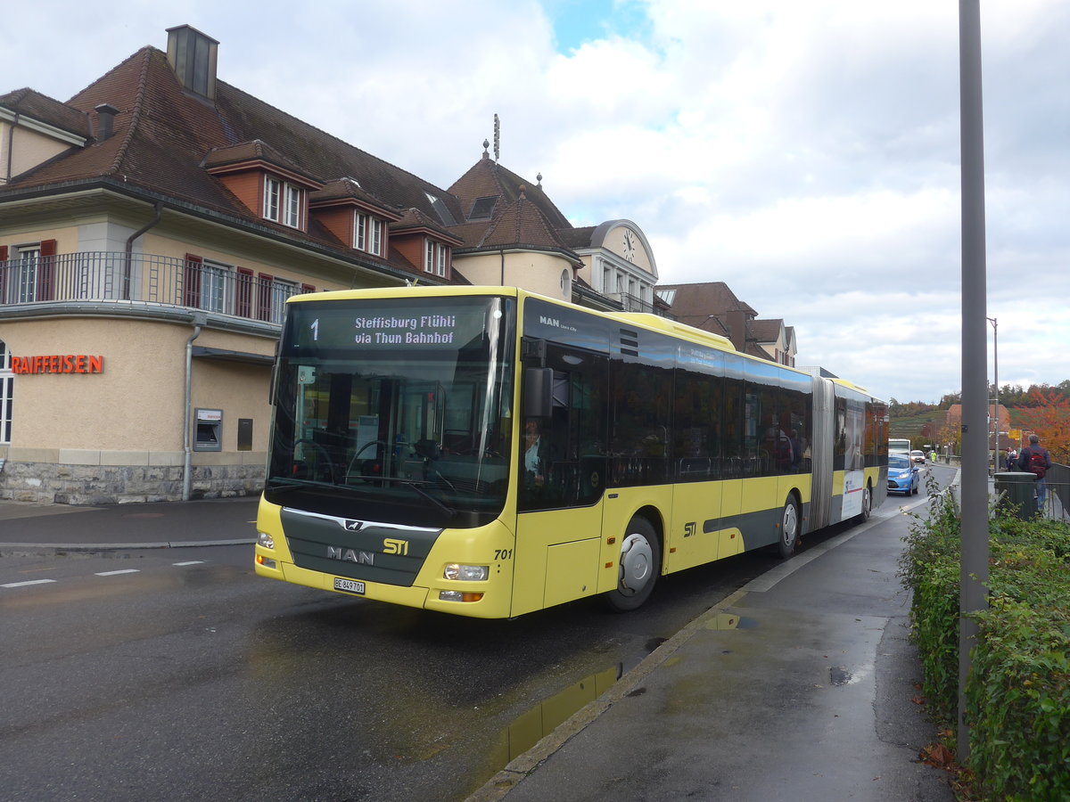 (222'597) - STI Thun - Nr. 701/BE 849'701 - MAN am 24. Oktober 2020 beim Bahnhof Spiez