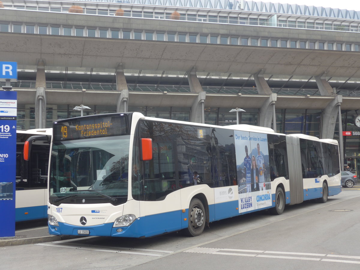 (222'786) - VBL Luzern - Nr. 187/LU 15'020 - Mercedes am 1. November 2020 beim Bahnhof Luzern