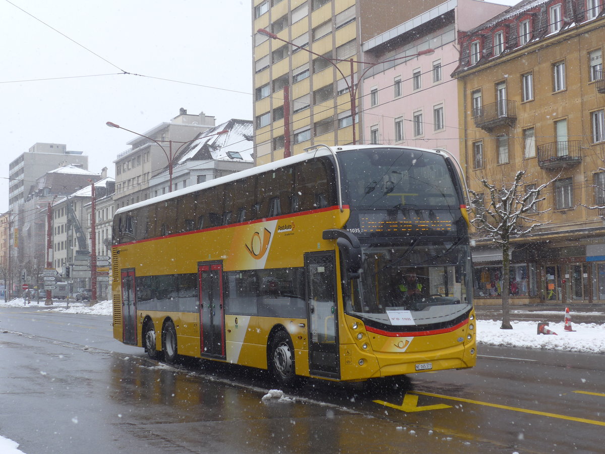 (224'173) - PostAuto Ostschweiz - NE 165'377 - Alexander Dennis (ex SG 445'308) am 14. Mrz 2021 beim Bahnhof La Chaux-de-Fonds (Einsatz CarPostal)