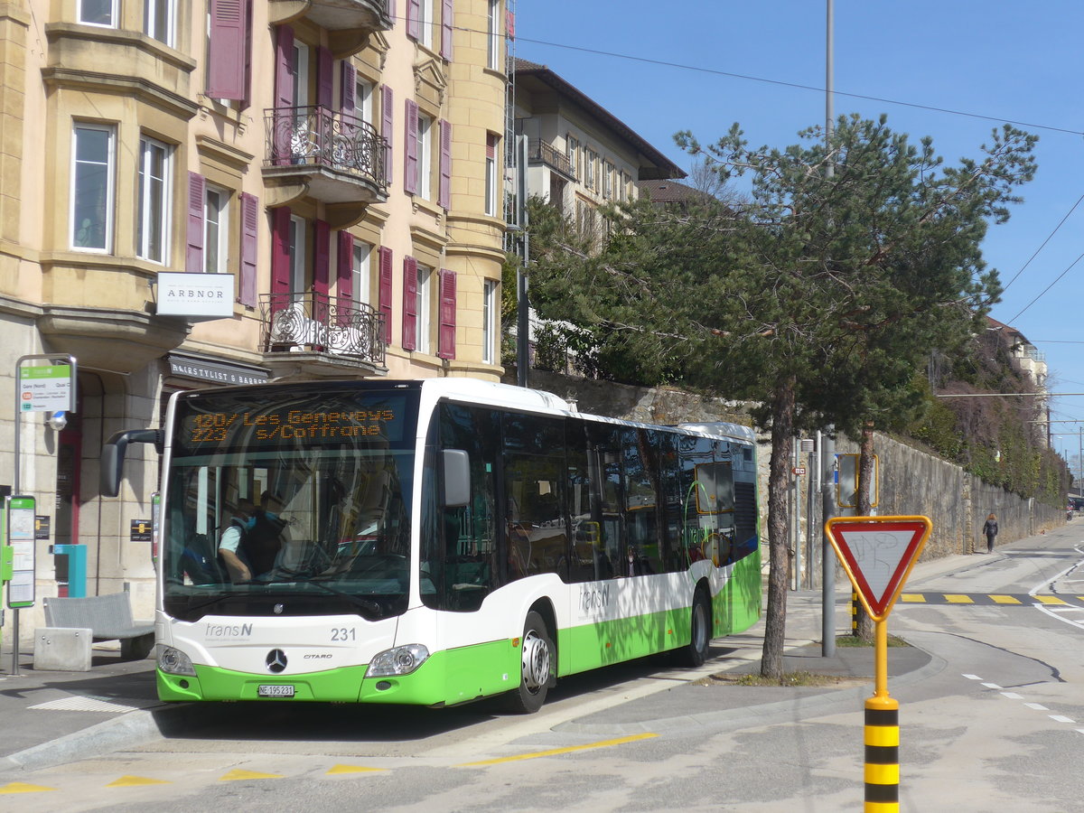 (224'602) - transN, La Chaux-de-Fonds - Nr. 231/NE 195'231 - Mercedes am 29. Mrz 2021 beim Bahnhof Neuchtel