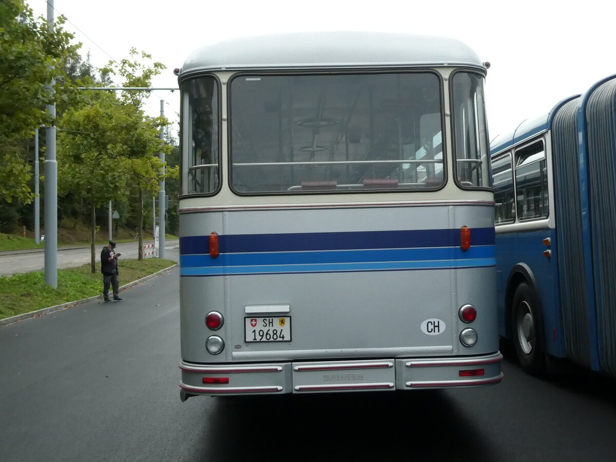 (228'369) - Borer, Neuhausen - SH 19'684 - Saurer/Tscher (ex Schttler, D-Kln; ex Braun, D-Mnster; ex Schmid, Hemishofen; ex Brtsch, Bttenhard; ex ASS Schleitheim Nr. 8) am 26. September 2021 in Schaffhausen, Busdepot VBSH