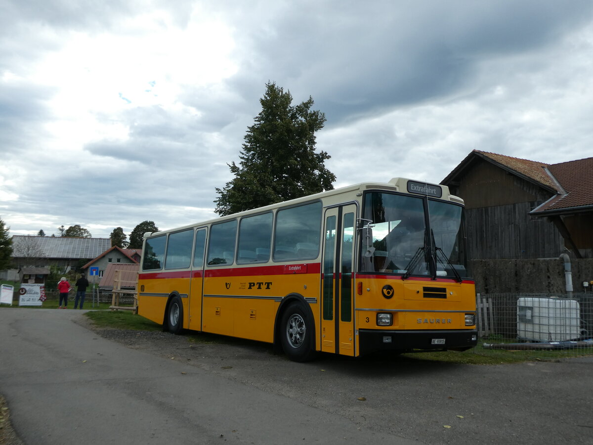 (228'636) - Kolb, Grasswil - Nr. 3/BE 93'915 - Saurer/R&J (ex Schmocker, Stechelberg Nr. 3; ex Schmocker, Stechelberg Nr. 1; ex Gertsch, Stechelberg Nr. 1) am 3. Oktober 2021 in Tramelan, Scheidegger-Ranch