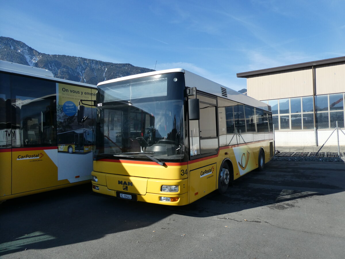 (232'773) - MOB Montreux - Nr. 34/VS 89'443 - MAN/Gppel (ex TSAR, Sierre; ex PostAuto Bern; ex P 23'032) am 12. Februar 2022 in Collombey, Garage TPC