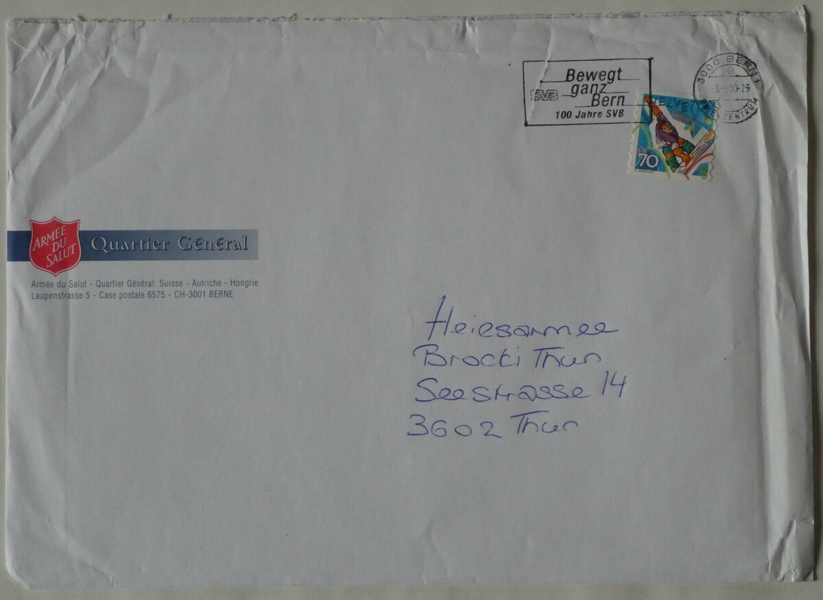 (233'374) - Briefumschlag mit Werbestempel 100 Jahre SVB vom 8. Juni 2000 am 6. Mrz 2022 in Thun 