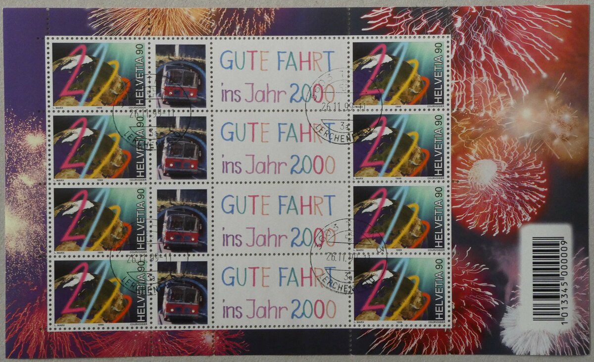 (233'400) - Milleniums-Briefmarkenbogen mit AFA Adelboden Nr. 4 am 6. Mrz 2022 in Thun (gestempelt am 26. November 1999)