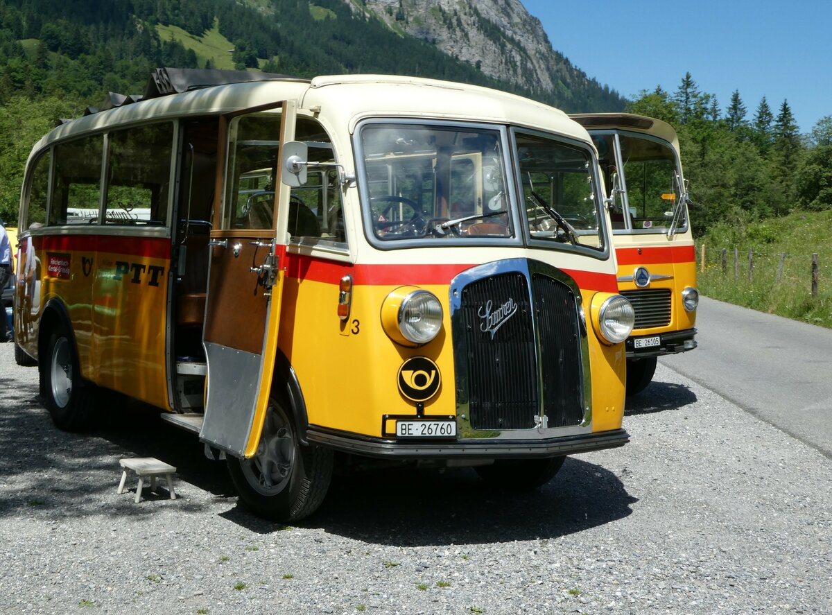 (237'614) - Schmid, Thrishaus - Nr. 3/BE 26'760 - Saurer/Gangloff (ex Geiger, Adelboden Nr. 3) am 26. Juni 2022 in Kiental, Tschingelsee