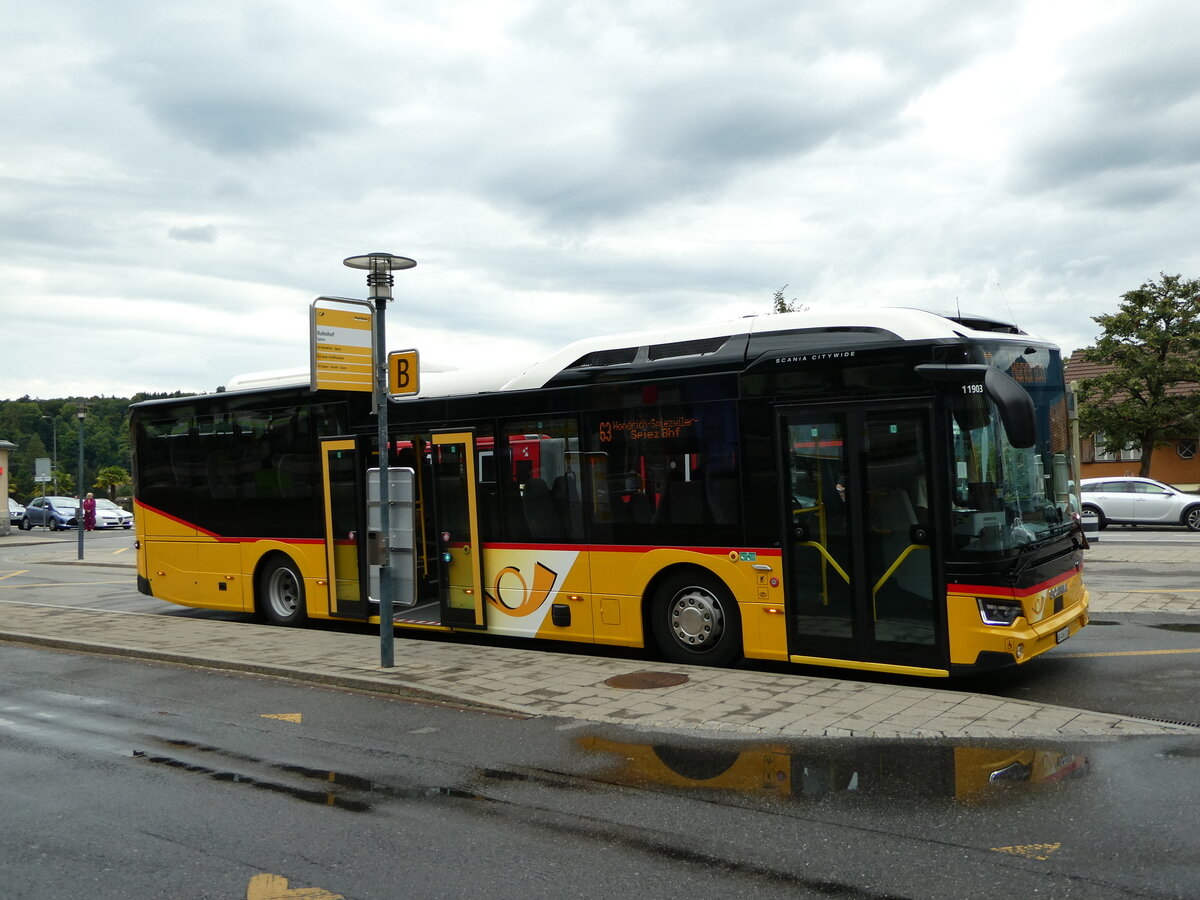 (238'555) - PostAuto Nordschweiz - AG 456'126 - Scania am 29. Juli 2022 beim Bahnhof Spiez