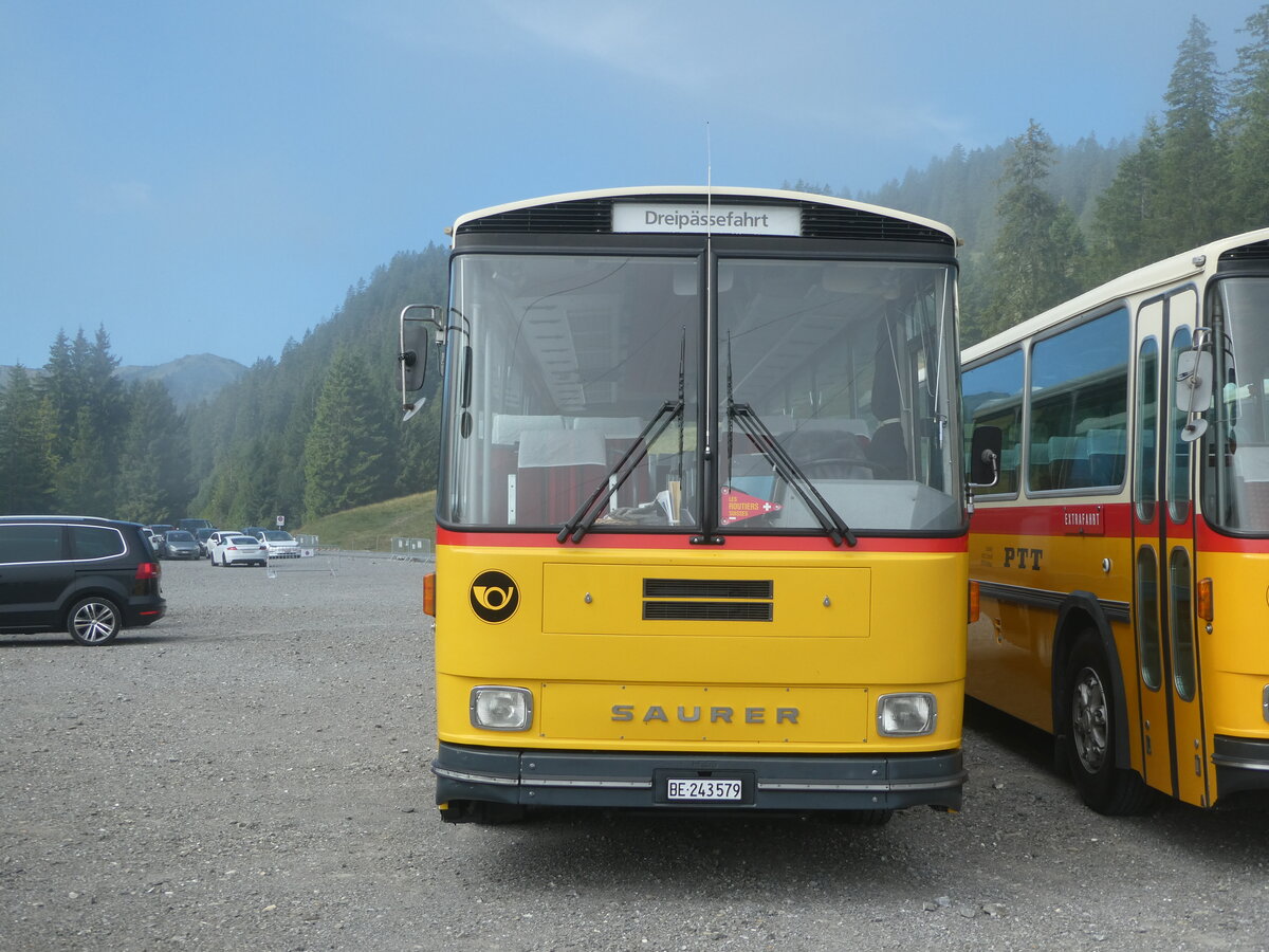 (239'789) - Krummenacher, Zillis - Nr. 74/BE 243'579 - Saurer/R&J (ex AVG Meiringen Nr. 74; ex PostAuto Berner Oberland; ex P 24'357) am 28. August 2022 in Stalden, Langis