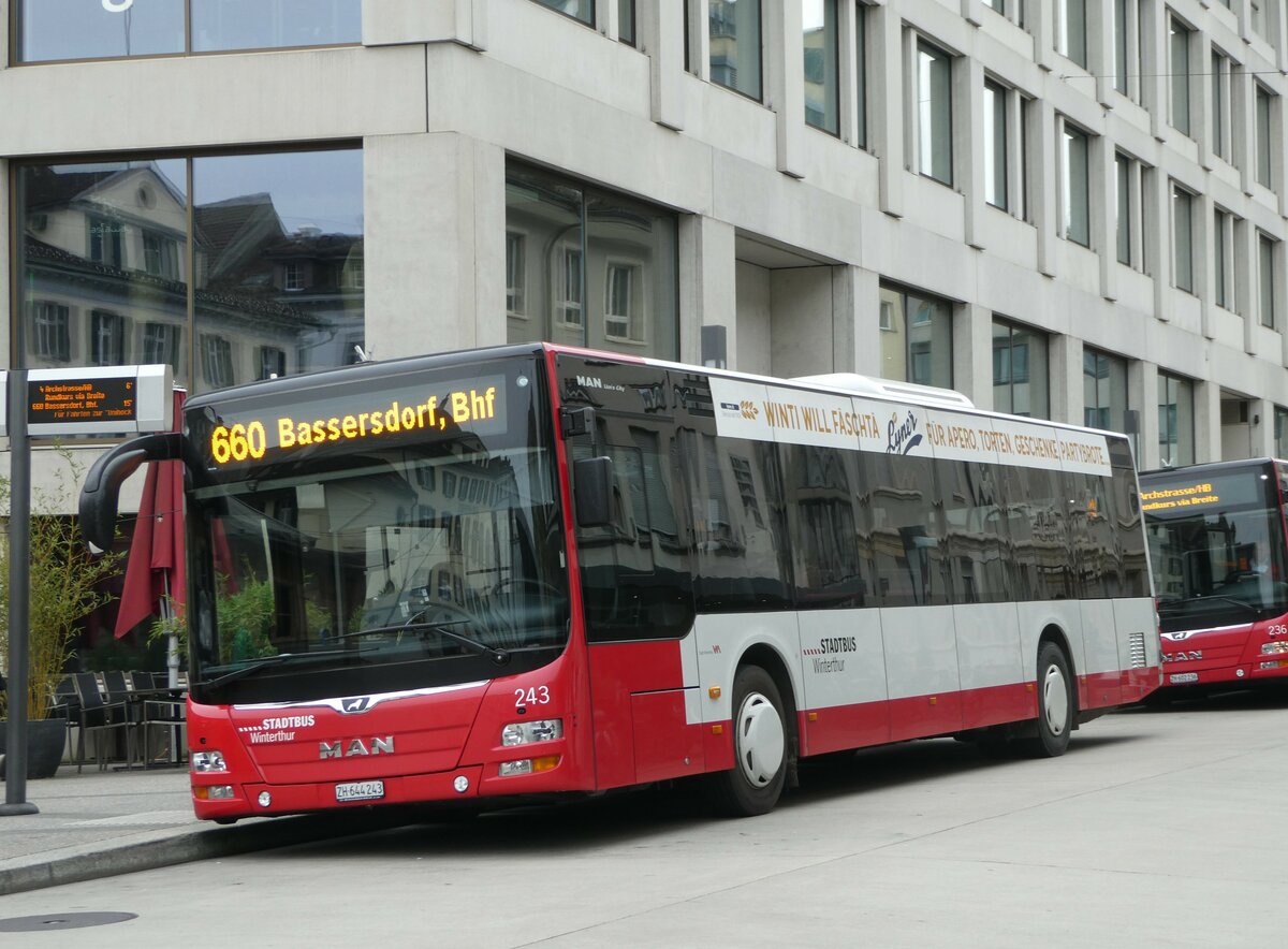 (242'498) - SW Winterthur - Nr. 243/ZH 644'243 - MAN am 12. November 2022 beim Hauptbahnhof Winterthur