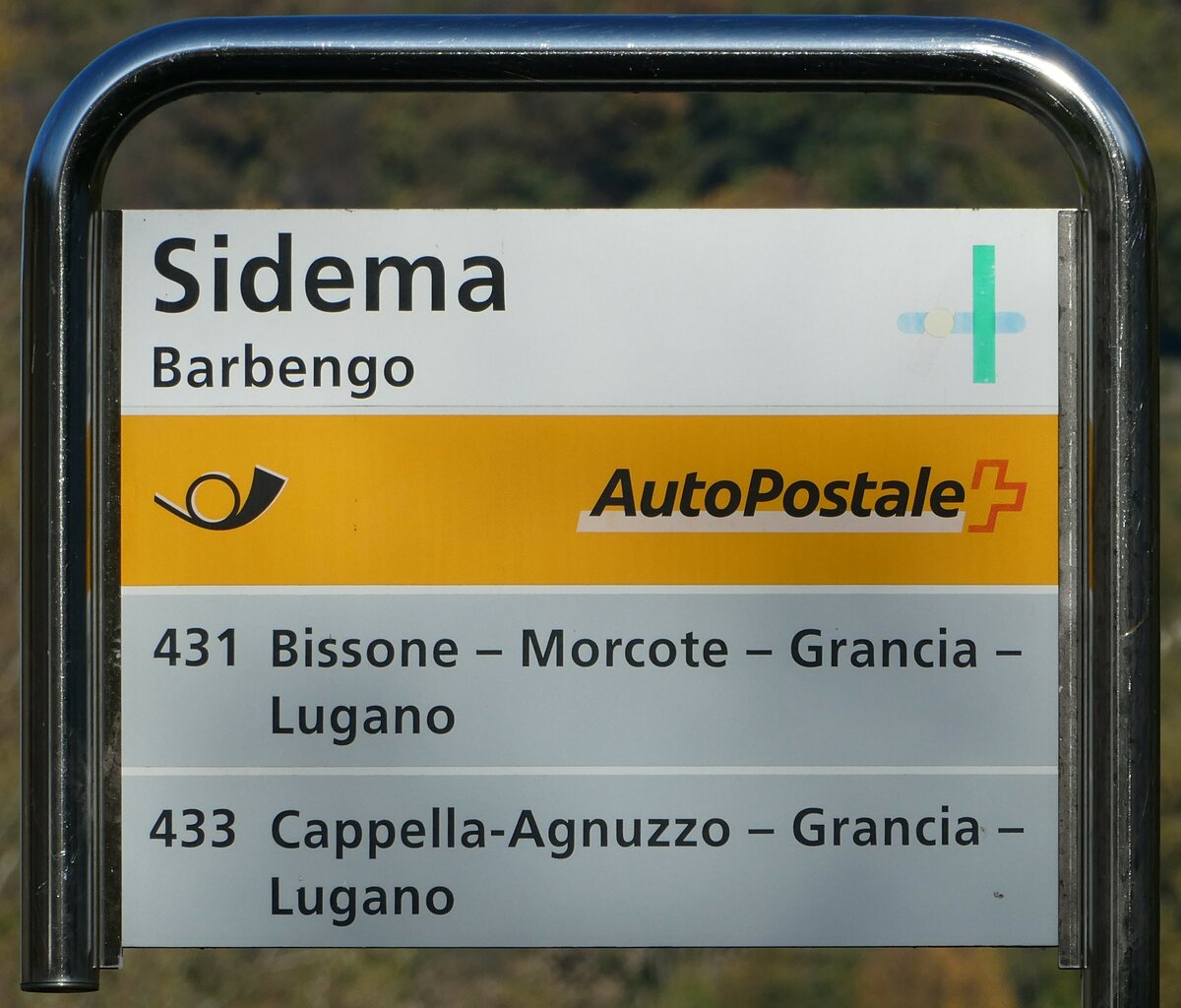 (242'821) - PostAuto-Haltestellenschild - Barbengo, Sidema - am 16. November 2022