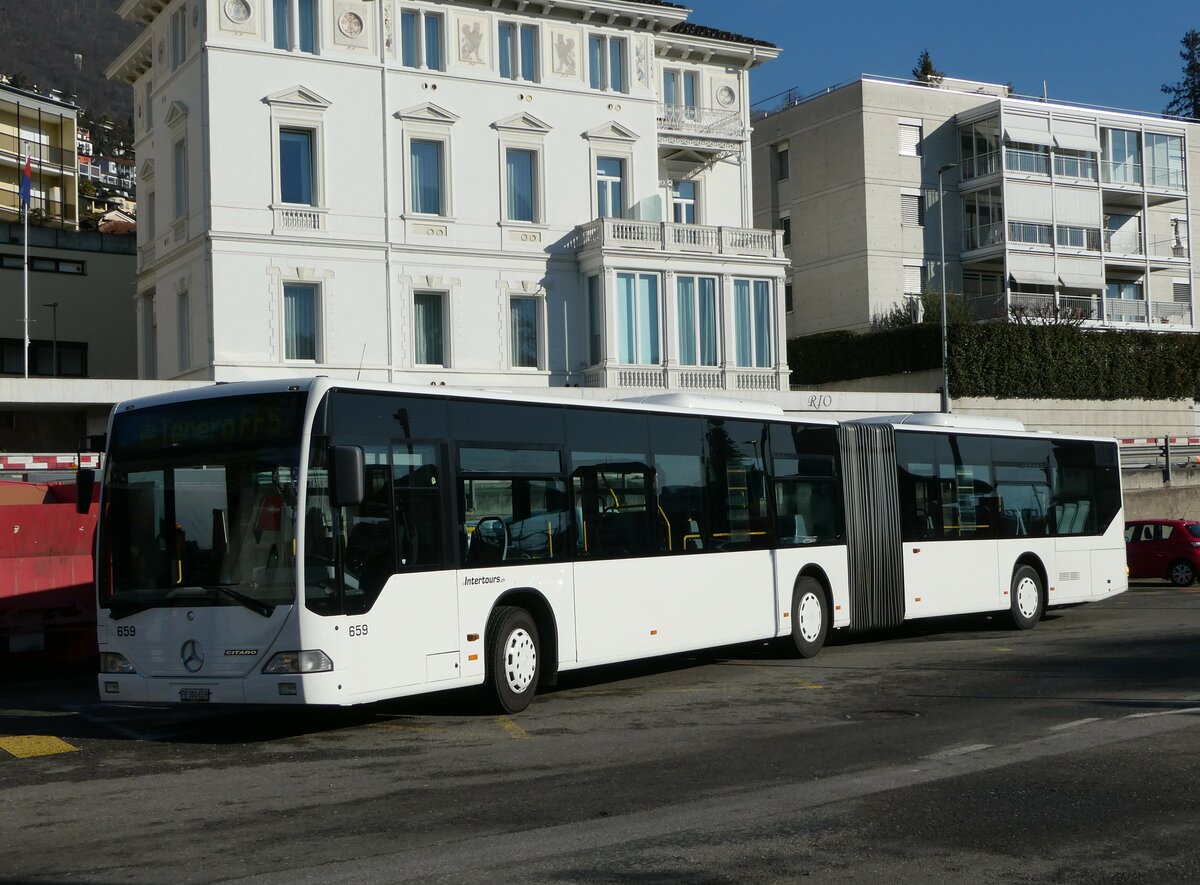 (245'899) - Intertours, Domdidier - Nr. 659/FR 300'659 - Mercedes (ex Nr. 205; ex VZO Grningen Nr. 29) am 7. Februar 2023 beim Bahnhof Locarno