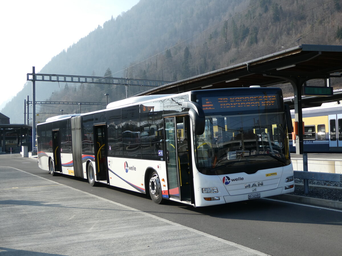 (246'804) - PostAuto Nordschweiz - AG 140'683/PID 5007 - MAN (ex Steffen, Remetschwil Nr. 58) am 2. Mrz 2023 beim Bahnhof Interlaken Ost