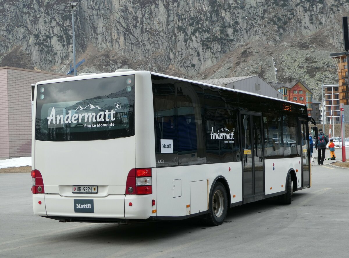 (246'950) - Mattli, Wassen - UR 9221/PID 4703 - MAN/Göppel (ex Lengacher, Wichtrach Nr. 6) am 7. März 2023 in Andermatt, Bahnhofplatz