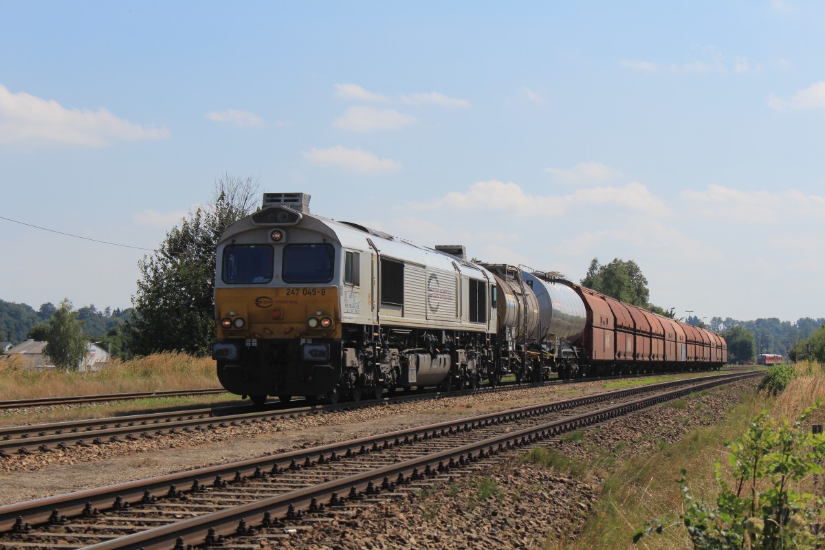 247 045-8 mit einem gemischten Gterzug aus Burghausen kommend am 22. August 2013 in Tssling.