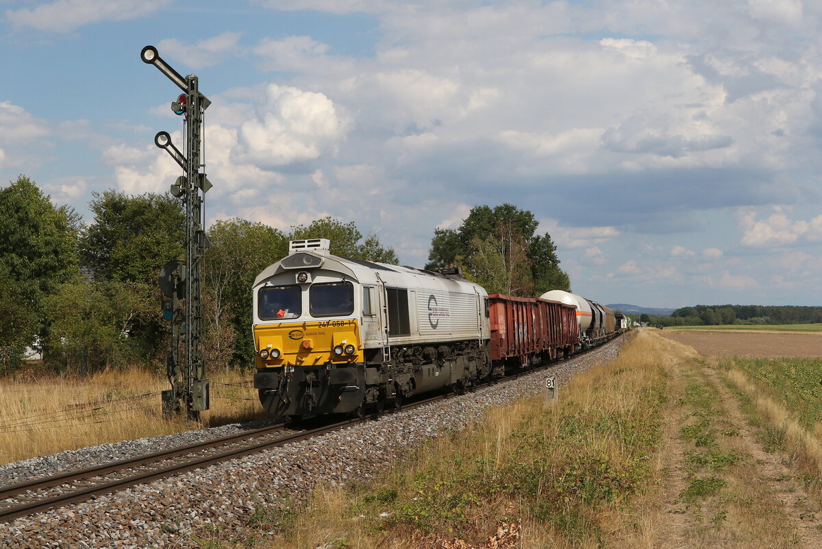 247 058 mit einem gemischten Gterzug am 2. August 2022 kurz vor Freihls/Oberpfalz.