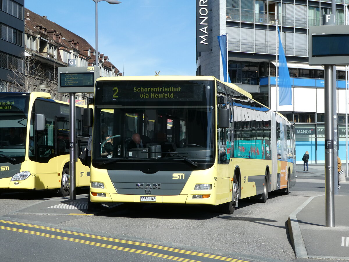 (247'551) - STI Thun - Nr. 145/BE 801'145 - MAN am 22. Mrz 2023 beim Bahnhof Thun