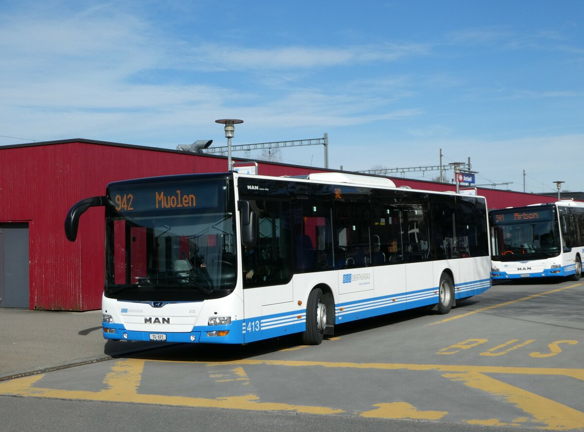 (247'823) - BOTG Amriswil - Nr. 413/TG 691 - MAN am 28. Mrz 2023 beim Bahnhof Amriswil