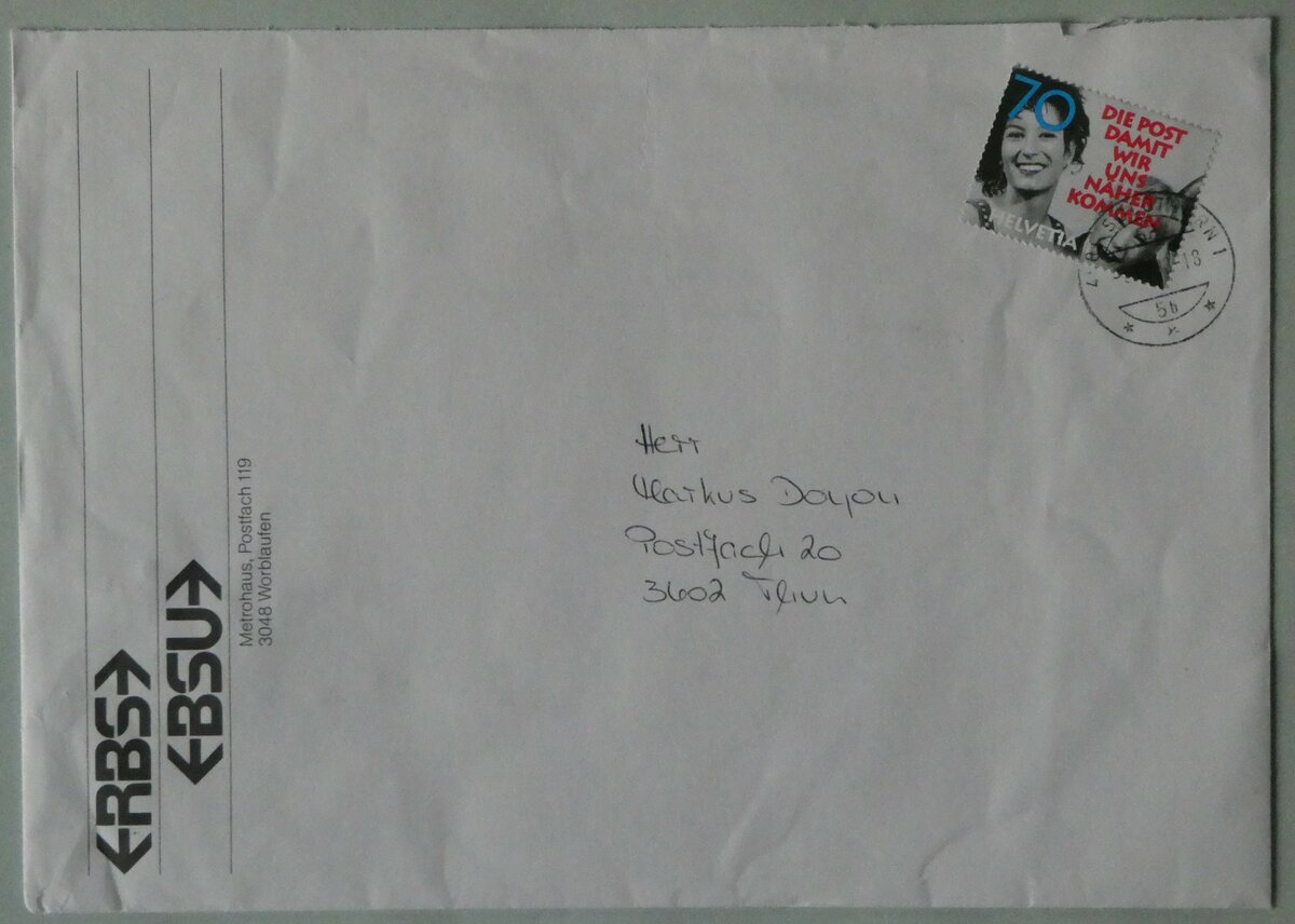 (248'339) - RBS/BSU-Briefumschlag vom 6. Mrz 1998 am 10. April 2023 in Thun