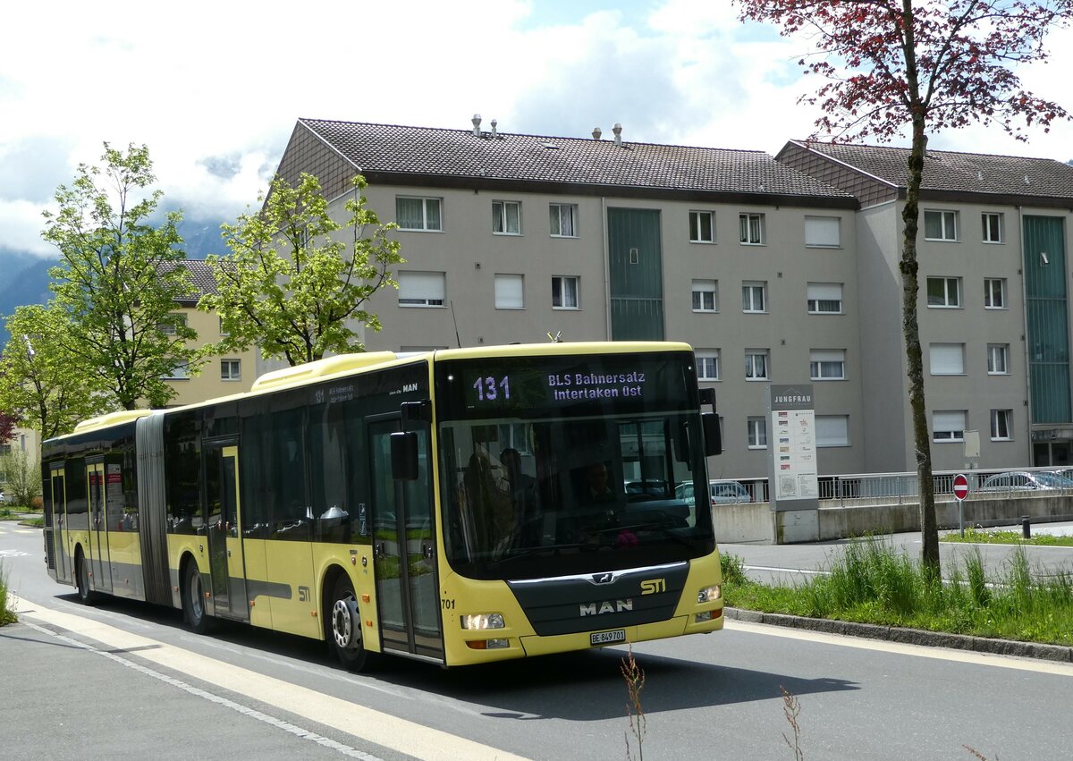 (249'400) - STI Thun - Nr. 701/BE 849'701 - MAN am 2. Mai 2023 beim Bahnhof Interlaken Ost