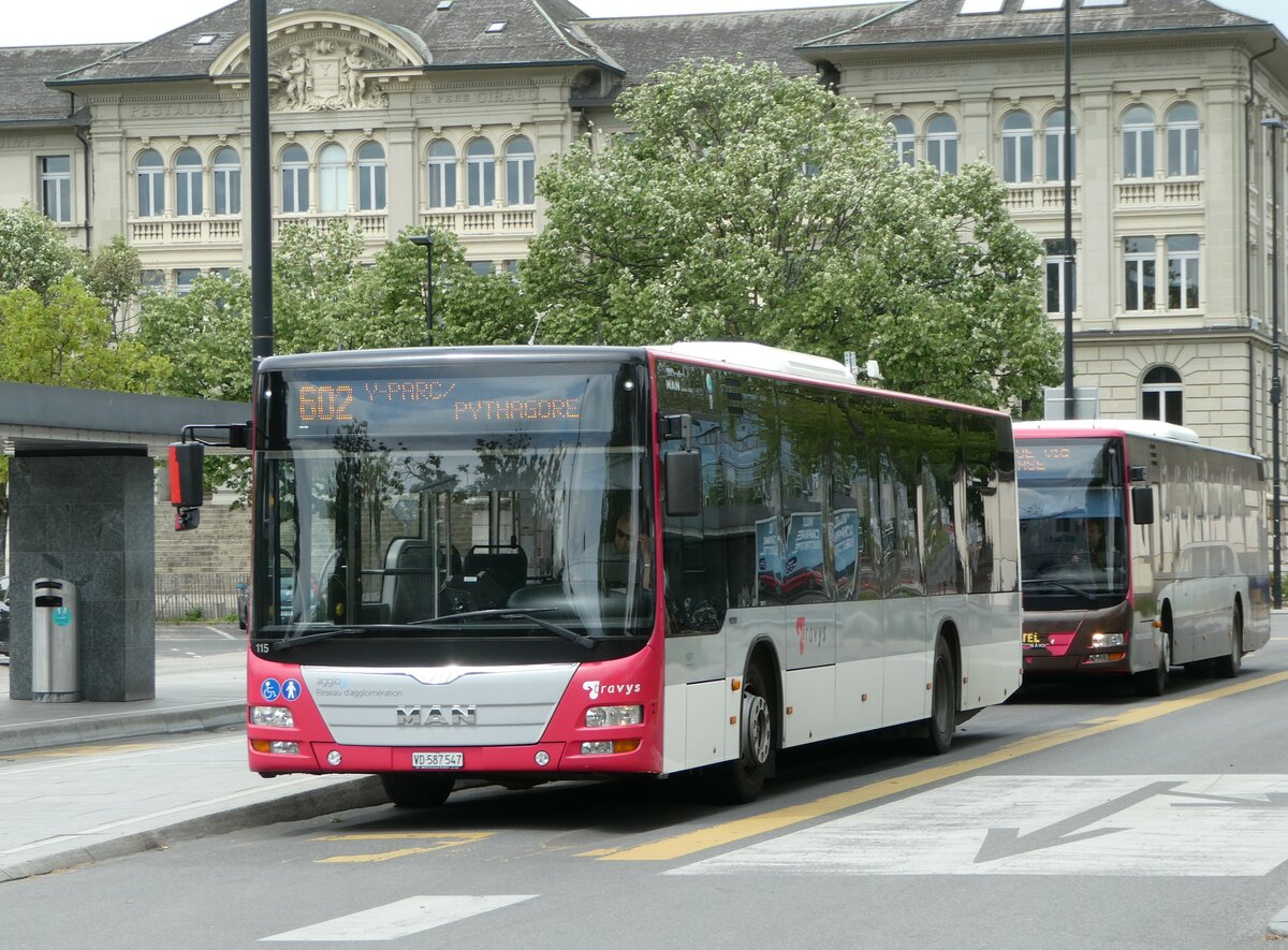 (250'211) - TRAVYS Yverdon - Nr. 115/VD 587'547 - MAN am 18. Mai 2023 beim Bahnhof Yverdon