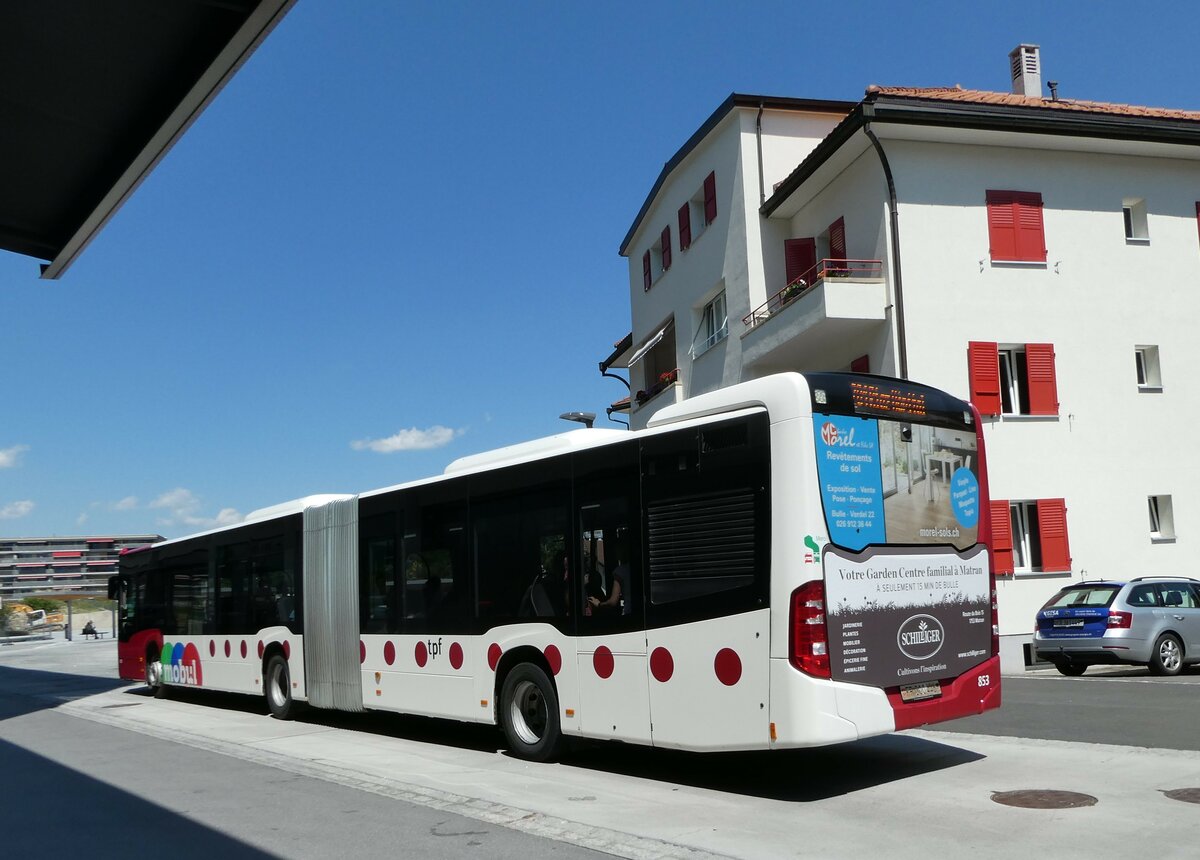 (251'530) - TPF Fribourg - Nr. 853/FR 300'446 - Mercedes am 15. Juni 2023 beim Bahnhof Bulle