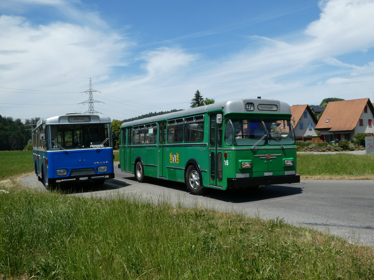 (251'723) - TF Fribourg (CTF) - Nr. 63/FR 180'988 - Volvo/Hess (ex TPF Fribourg Nr. 63; ex TF Fribourg Nr. 63) + BVB Basel (RWB) - Nr. 75/BE 399'675 - FBW/FHS am 18. Juni 2023 in Wynigen, Landi