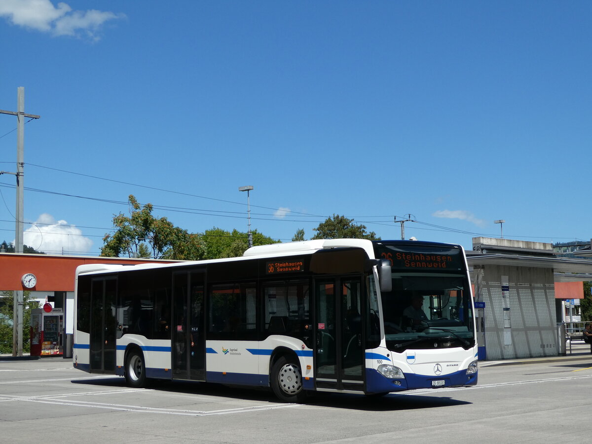 (253'335) - ZVB Zug - Nr. 100/ZG 88'100 - Mercedes (ex Auf der Maur, Steinen Nr. 248) am 3. August 2023 beim Bahnhof Baar