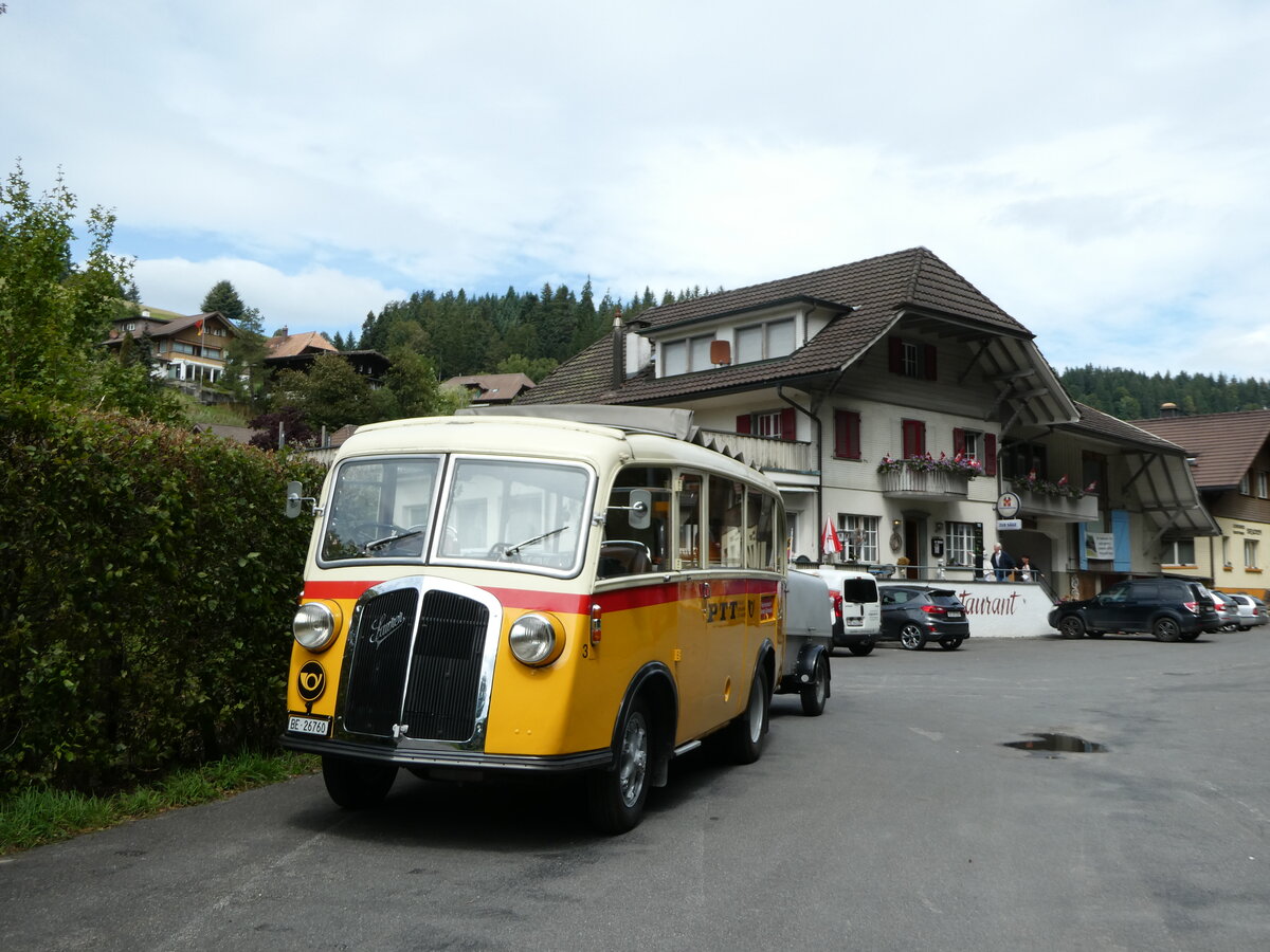 (253'549) - Schmid, Thrishaus - Nr. 3/BE 26'760 - Saurer/Gangloff (ex Geiger, Adelboden Nr. 3) am 9. August 2023 in Rinderbach, Rest. zur Sge