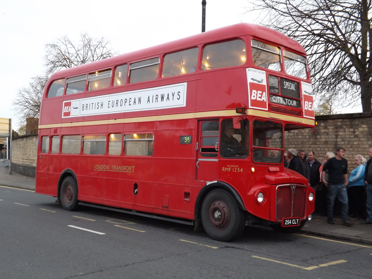 254 CLT
1962 AEC Routemaster
Park Royal H38/31F
London Transport RMF 1254

Seen here in Lincoln, England whilst operating a shuttle service between the Town Centre and the Lincolnshire Vintage Vehicle Museum in relation to their Open Day on 2nd November 2014.  This bus also operated/was demonstrated to Northern General Transport, Newcastle upon Tyne, England.

Status: Preserved.