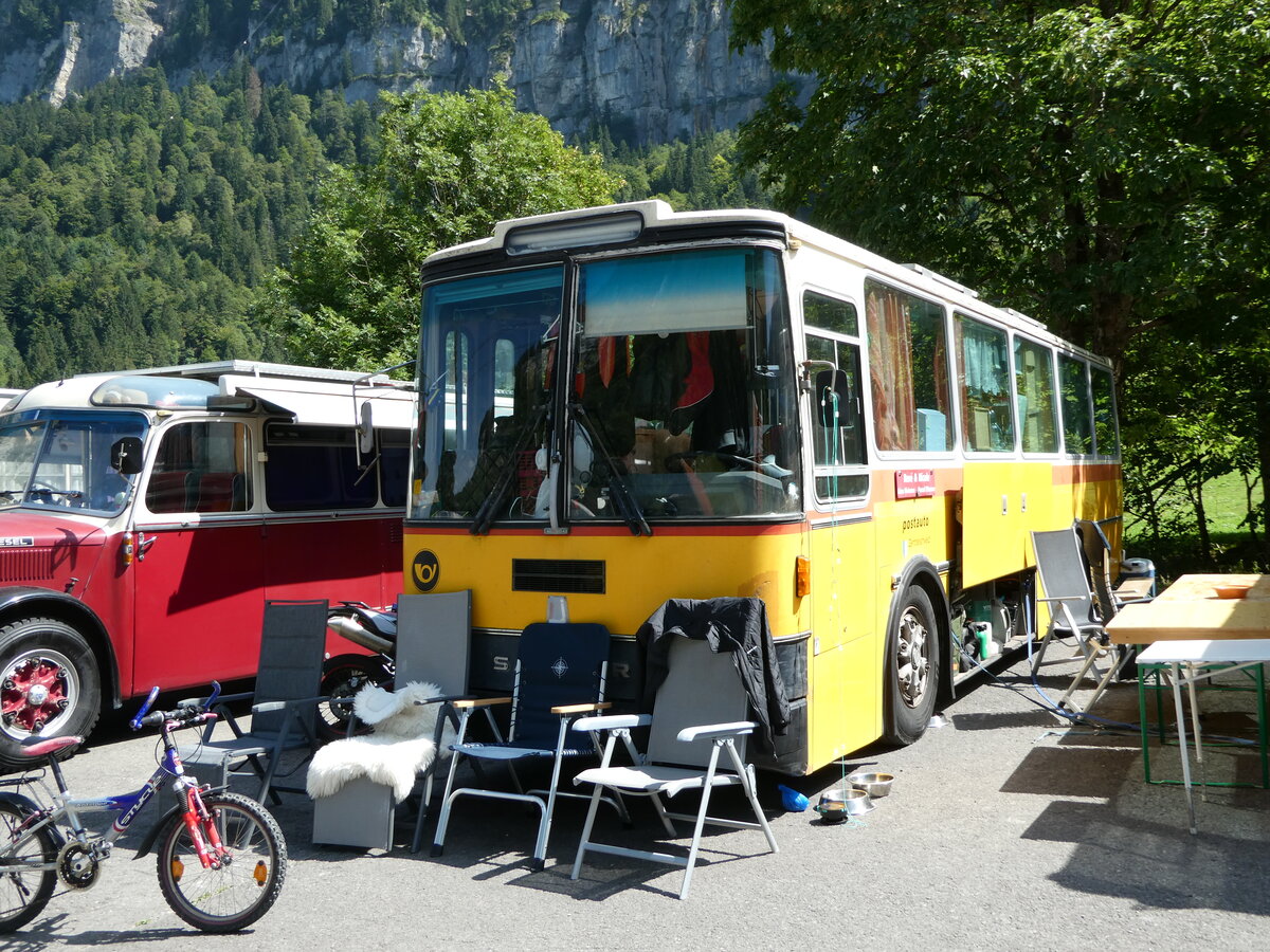 (254'002) - Schr, Ettenhausen - TG 175'032 - Saurer/R&J (ex Zimmermann, Kerns; ex Amstein, Willisau) am 19. August 2023 in Hoch-Ybrig, Talstation Weglosen