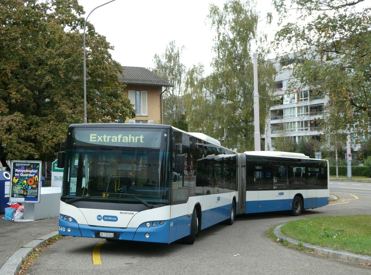 (256'330) - VBZ Zrich - Nr. 540/ZH 730'540 - Neoplan am 21. Oktober 2023 in Zrich, Hungerbergstrasse