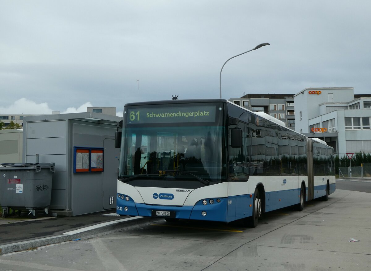 (256'351) - VBZ Zrich - Nr. 540/ZH 730'540 - Neoplan am 21. Oktober 2023 in Zrich, Mhlacker