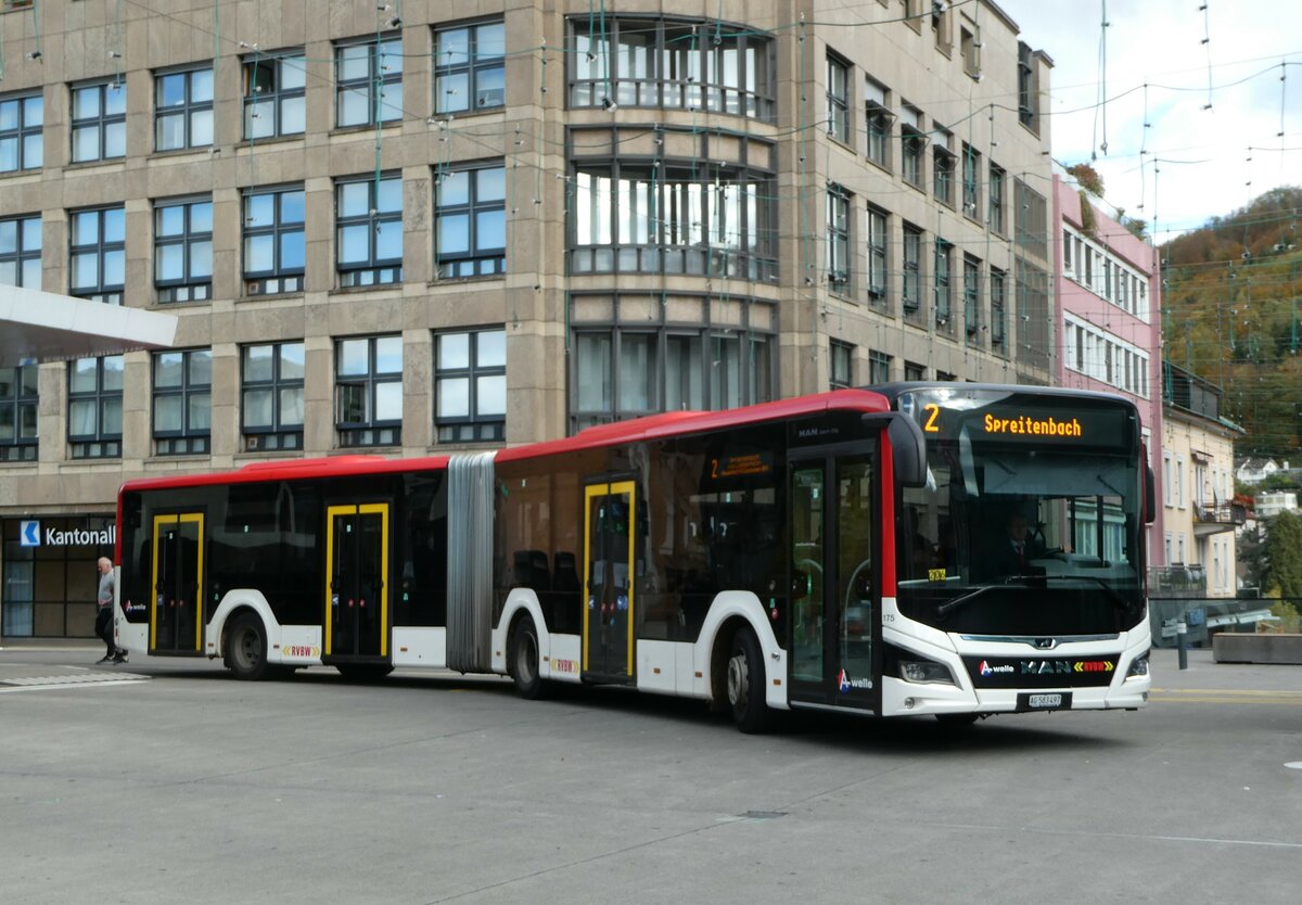 (256'759) - RVBW Wettingen - Nr. 175/AG 583'497 - MAN (ex AHW Horgen Nr. 611) am 6. November 2023 beim Bahnhof Baden