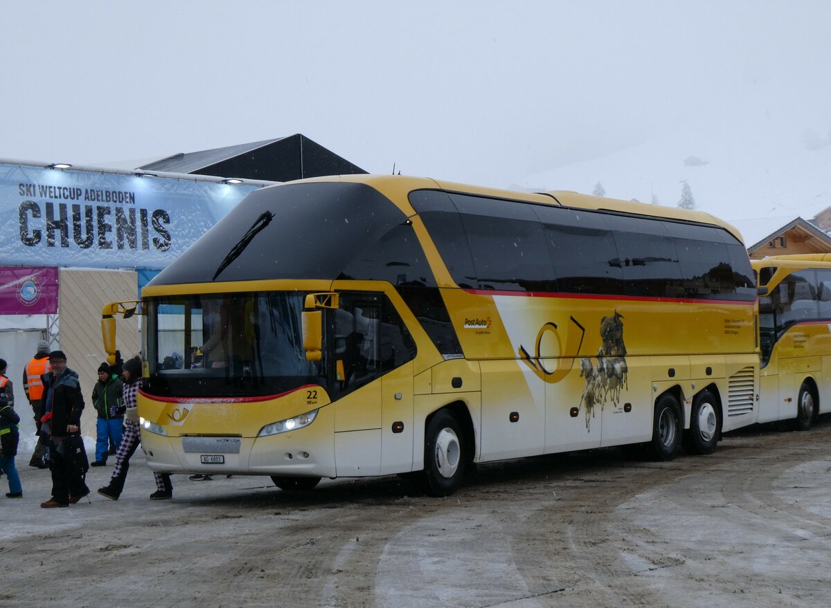 (258'236) - Tschannen, Zofingen - Nr. 22/AG 6803/PID 4706 - Neoplan (ex PostAuto Graubnden) am 6. Januar 2024 in Adelboden, Weltcup