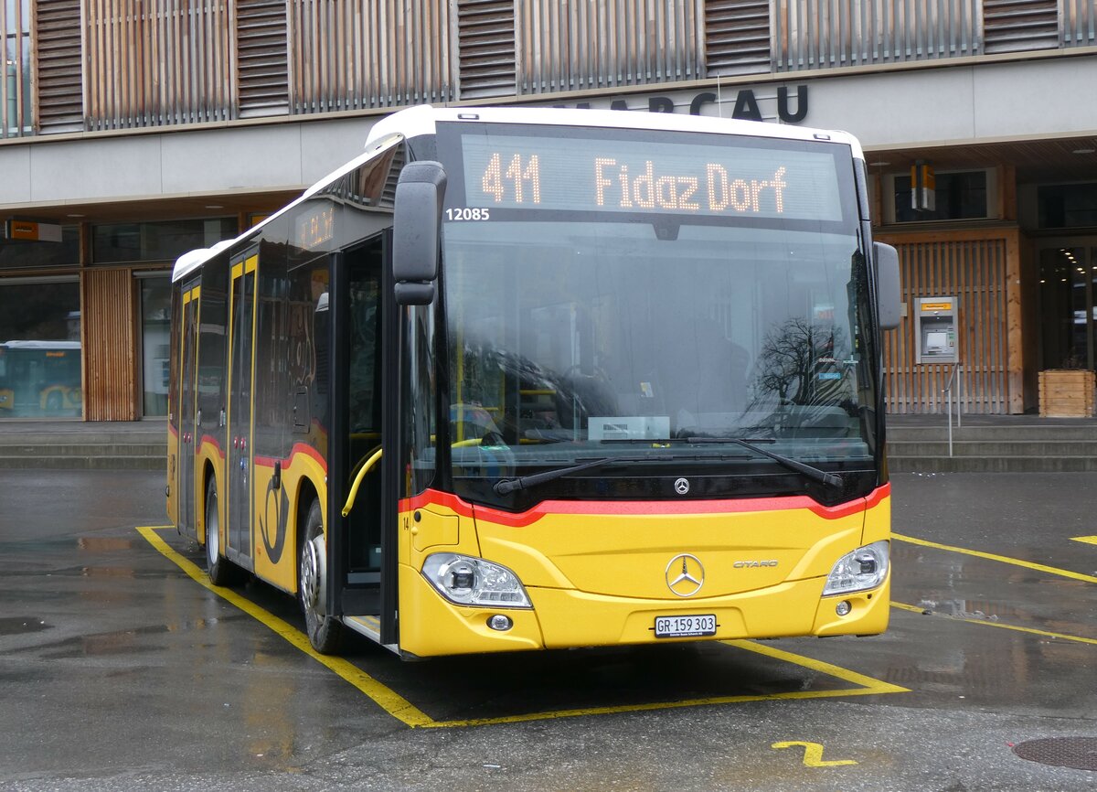 (259'549) - PostAuto Graubnden - Nr. 14/GR 159'303/PID 12'085 - Mercedes am 23. Februar 2024 beim Bahnhof Ilanz