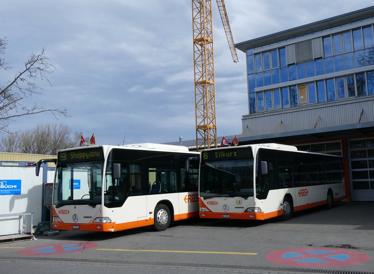 (259'925) - RBS Worblaufen - Nr. 1/BE 365'301 (Teilaufnahme) + Nr. 2/BE 366'002 - Mercedes am 3. Mrz 2024 in Worblaufen, Garage