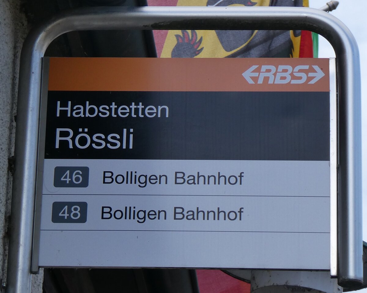 (260'026) - RBS-Haltestellenschild - Habstetten, Rssli - am 3. Mrz 2024