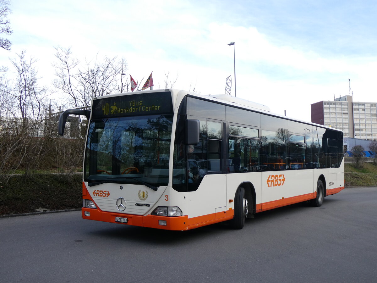 (260'084) - RBS Worblaufen - Nr. 3/BE 767'003 - Mercedes am 3. Mrz 2024 in Worblaufen, Garage (mit Zielanzeige: 40 YBus Wankdorf Center)