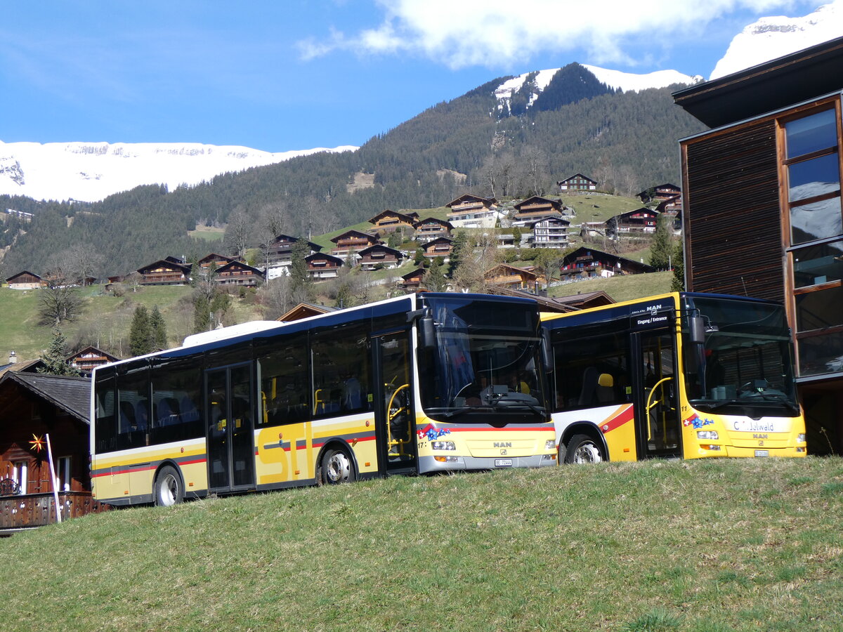 (260'498) - GrindelwaldBus, Grindelwald - Nr. 17/BE 72'444 - MAN/Gppel (ex STI Thun Nr. 133) am 19. Mrz 2024 in Grindelwald, Garage