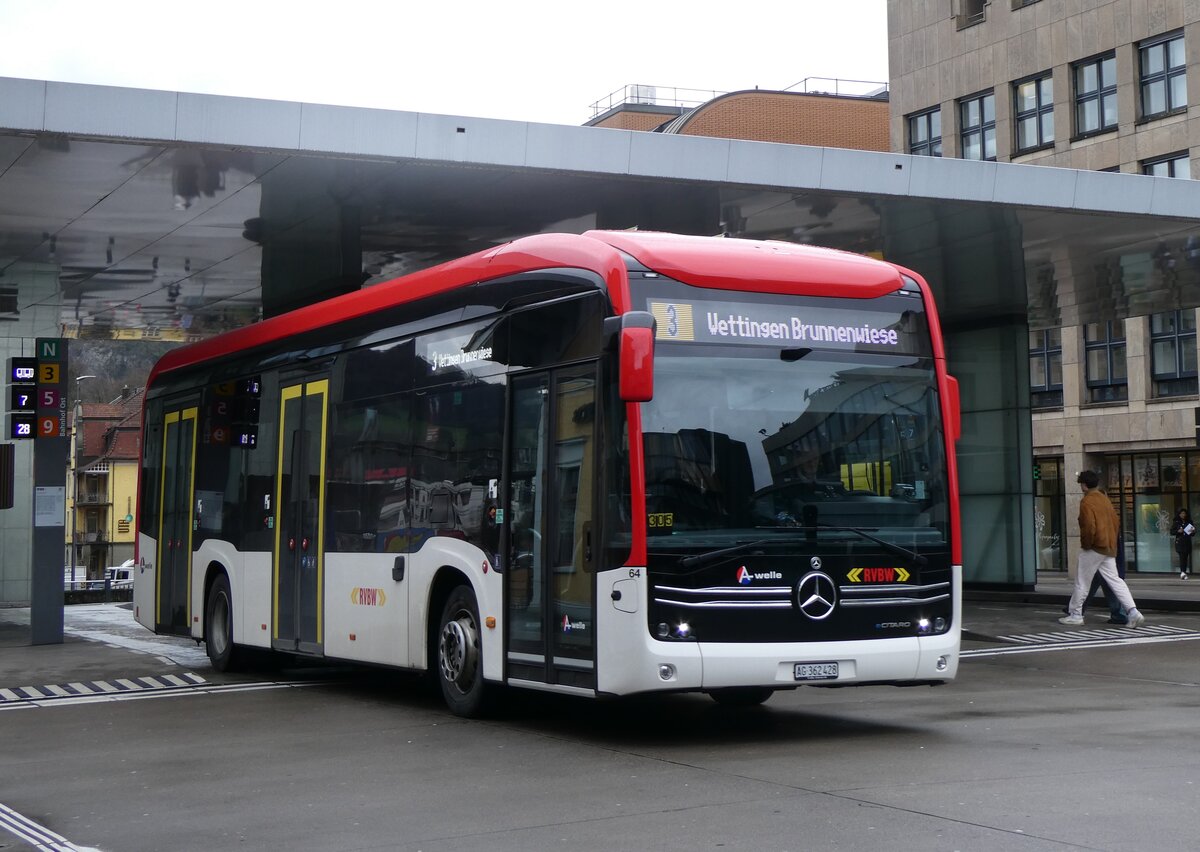 (260'725) - RVBW Wettingen - Nr. 64/AG 362'428 - eMercedes am 28. Mrz 2024 beim Bahnhof Baden