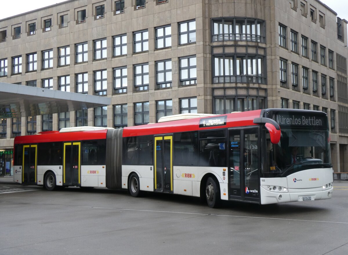 (260'742) - RVBW Wettingen - Nr. 183/AG 554'389 - Solaris (ex AAGR Rothenburg) am 28. Mrz 2024 beim Bahnhof Baden